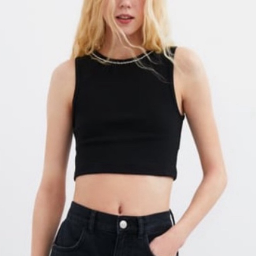 NWT Zara cropped ‘shiny appliqué top’ ribbed tank sleeveless rhinestone black xs